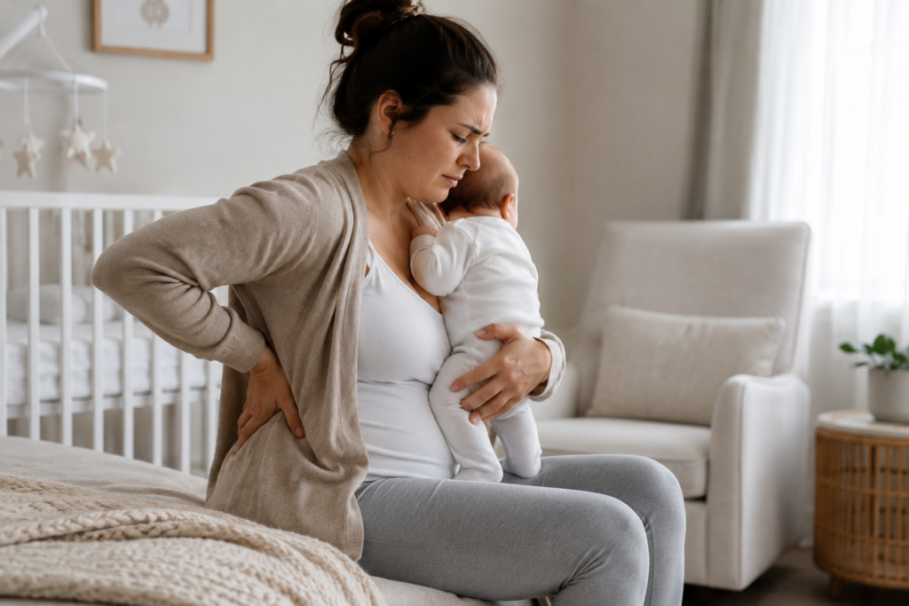 Mother with postpartum back pain holding her newborn baby