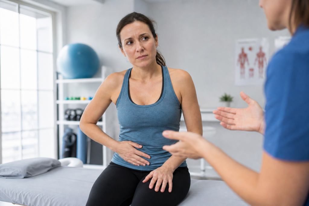 Woman in athletic wear sitting on a treatment table in a physical therapy clinic, hand on her lower abdomen, while a therapist explains pelvic floor treatment.