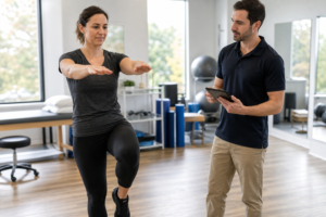 Woman balancing on one leg while a physical therapist takes notes on a table