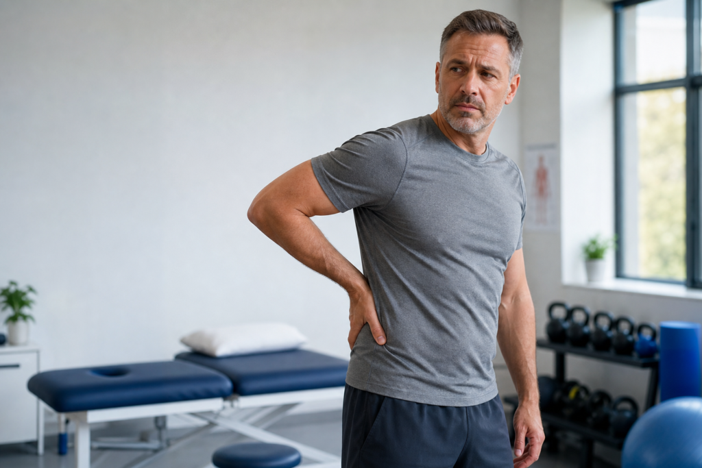 Middle-aged man in athletic wear standing in a physical therapy clinic, holding his lower back in discomfort.