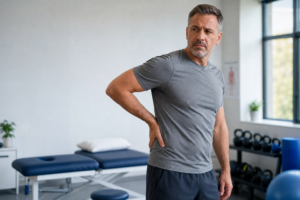 Middle-aged man in athletic wear standing in a physical therapy clinic, holding his lower back in discomfort.